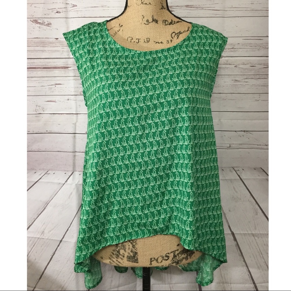 oat + fawn green sleeveless cat print hi lo top xs